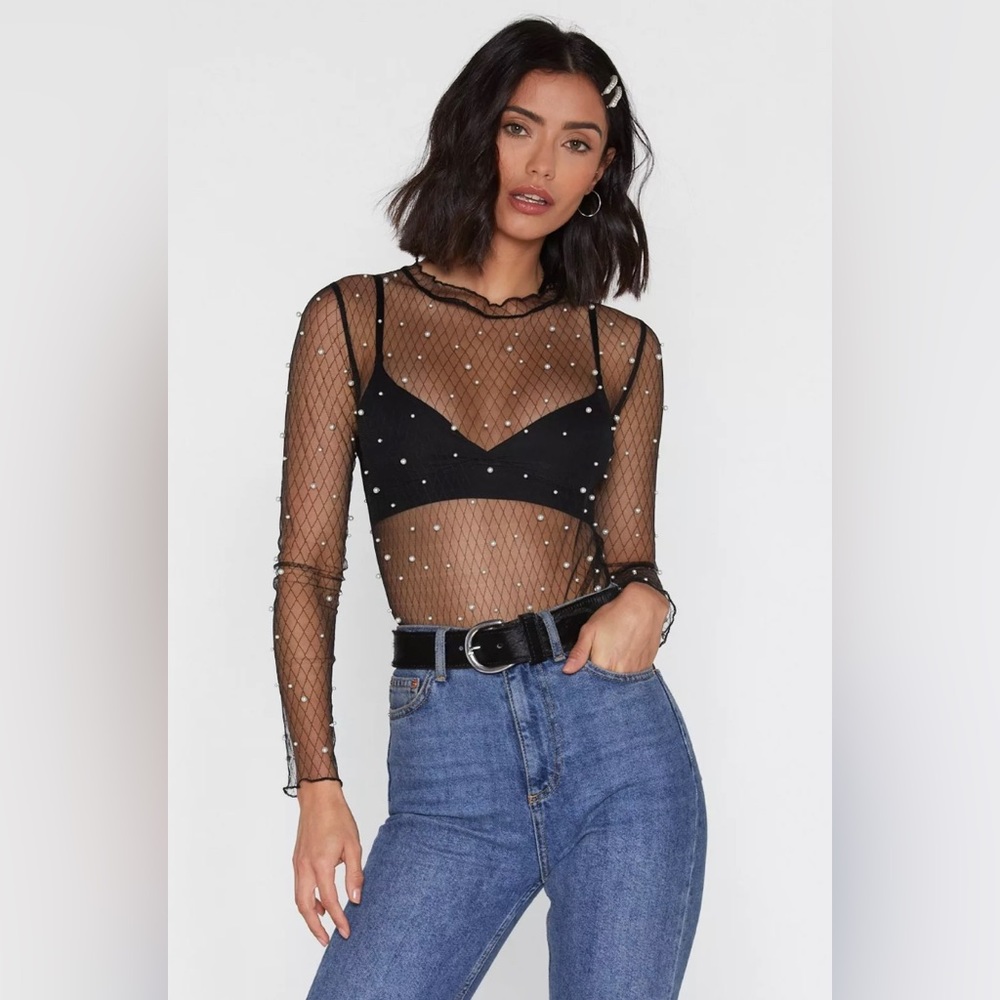 Nasty Gal | Pearl Detail Long Sleeve Mesh Bodysuit Black